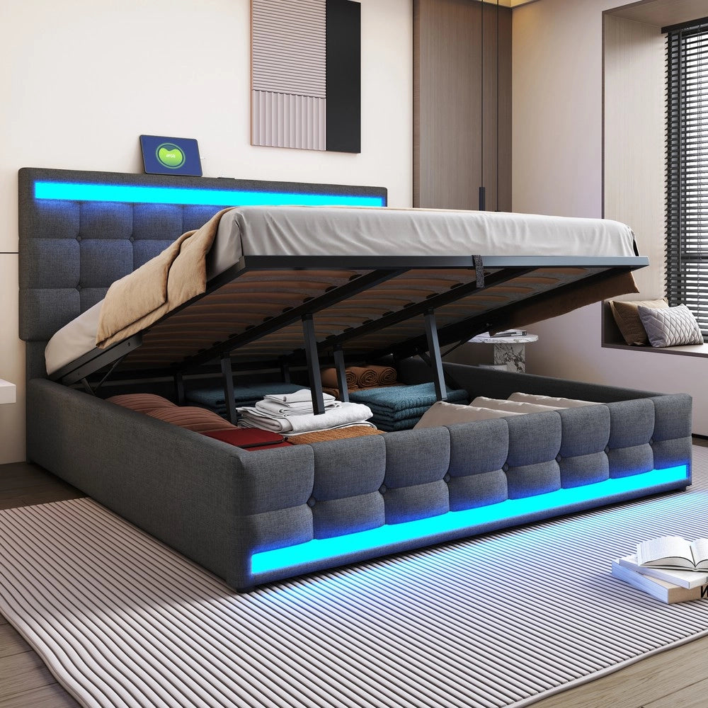 Letto Contenitore Imbottito 180x200 ¨C MINIMAL ¨C Grigio, LED, USB, Idraulico