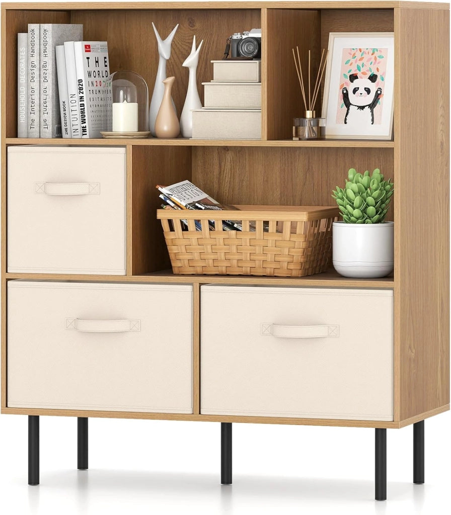 Libreria a 6 Cubi, Scaffale a 3 Livelli con 3 Cassetti in Tessuto Pieghevoli, Organizzatore Autoportante con Gambe in Metallo per Soggiorno, Ufficio, 90 x 40 x 105 cm (Bianco)