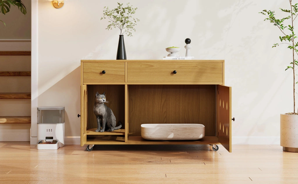 Mobile copri lettiera per gatti con cassetti e vassoio raccogli-sabbia, 100x45x66 cm, colore naturale
