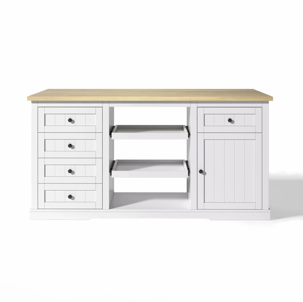 Sideboard bianco multifunzione con 5 cassetti, 2 ripiani estraibili e piano allungabile, 150×65×75 cm
