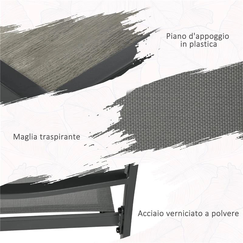 SET DA GIARDINO CON 6 SEDIE IMPILABILI IN TESSUTO A RETE E TAVOLO EFFETTO LEGNO, GRIGIO