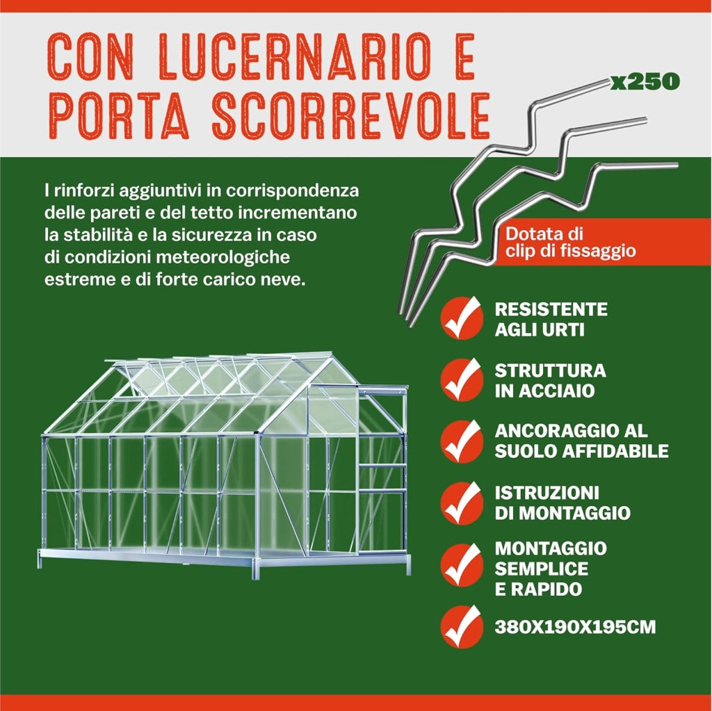 Serra Giardino Alluminio con Base 7,2m² 380x190cm 11,73m³ 4 Lucernari Orto Piante Esterno