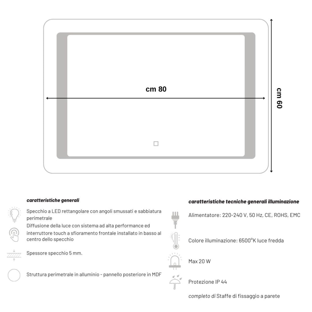 Specchio 5 mm rettangolare cornice led interruttore touch alluminio mdf *** misure 80x60 cm, tonalità dimmerabile 27...