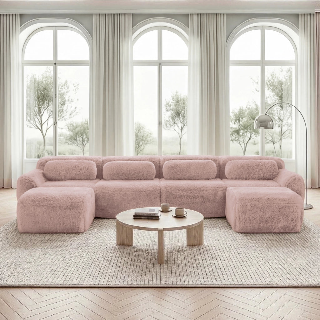 Divano Modulare a U con Cuscini ¨C MINIMAL ¨C Rosa, Tessuto Plush, Morbido