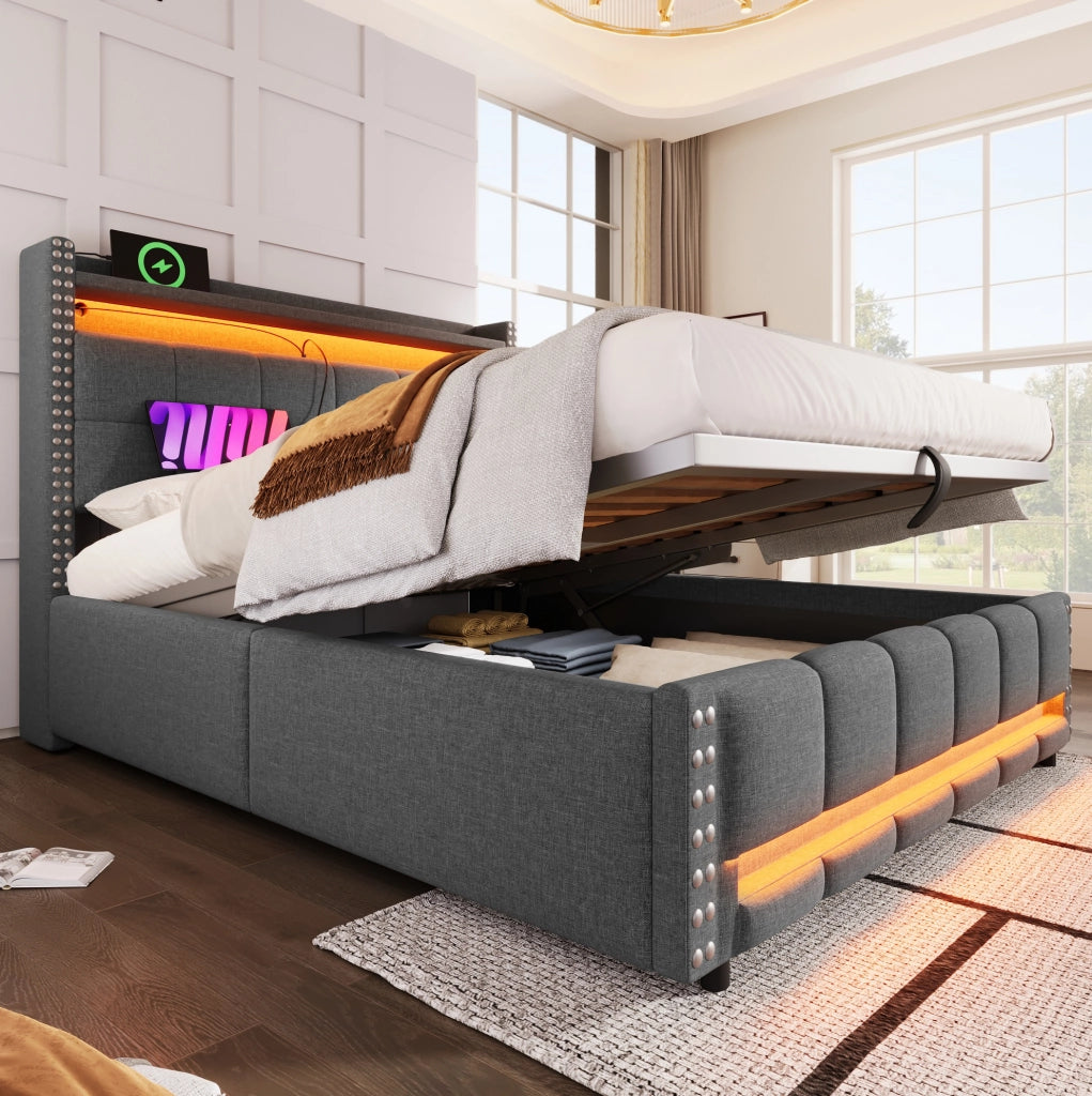 Letto imbottito 140 x 200 cm grigio con LED, USB e vano contenitore