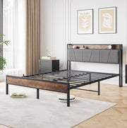 Letto 140x200 cm con LED; testiera contenitore con USB e presa; MDF e metallo marrone anticato