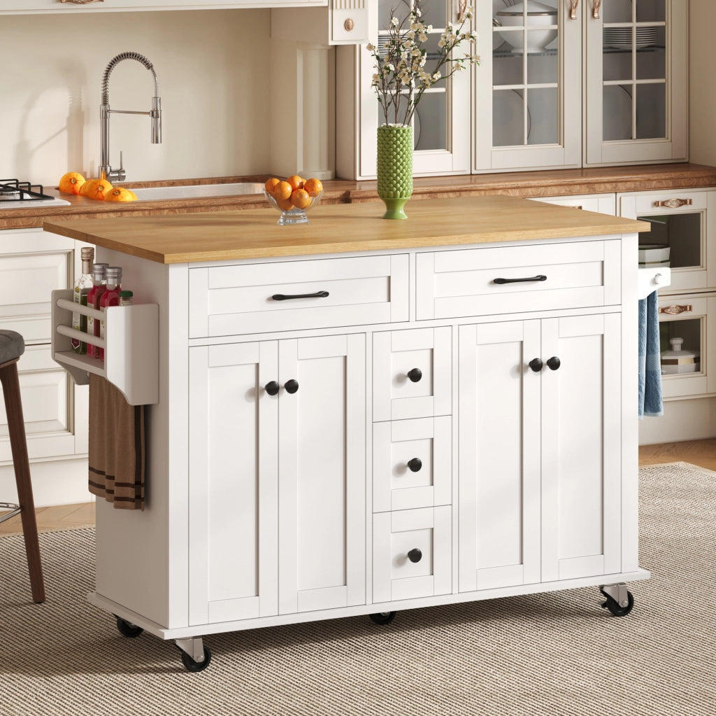 Carrello cucina 140x40(65)x89 cm con piano estraibile e 5 ruote in MDF bianco e naturale