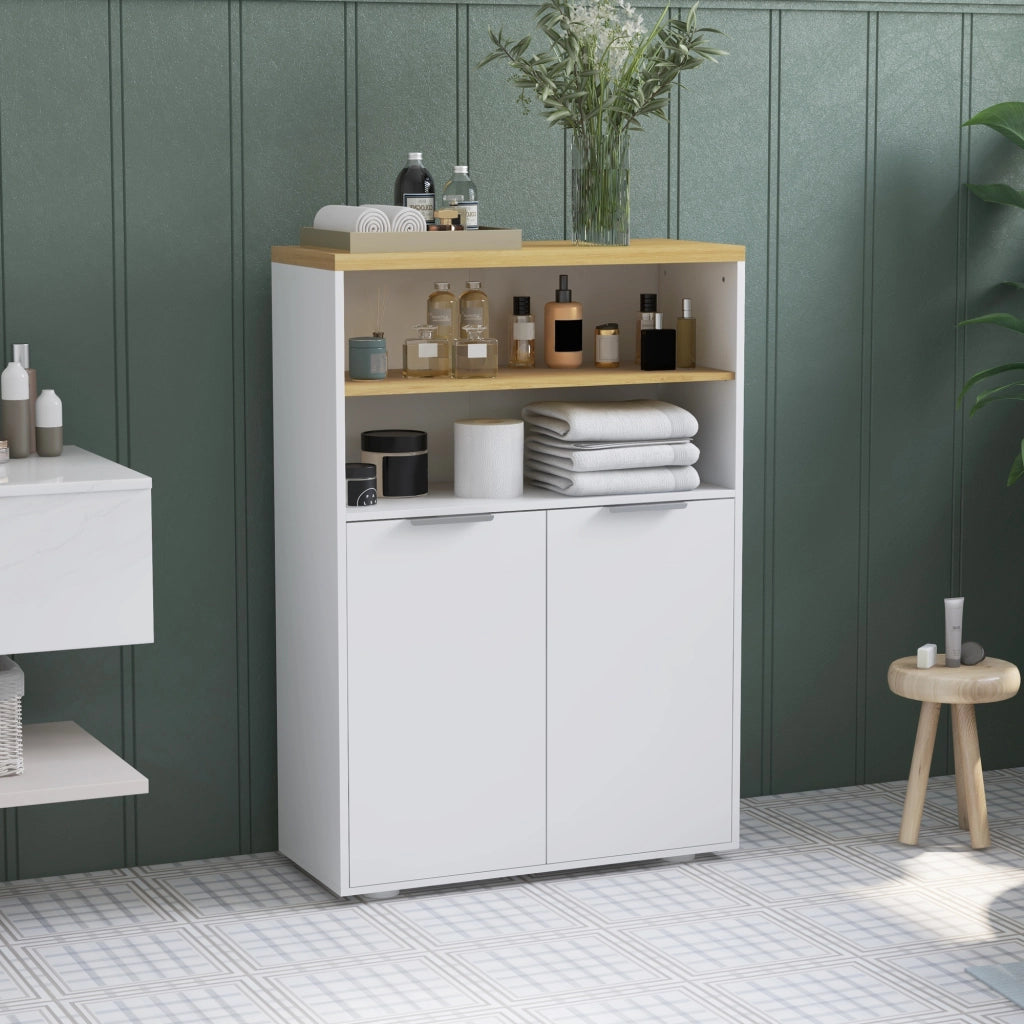 Armadietto Bagno con 2 Ante e 2 Ripiani Aperti ¨C zephmum ¨C Bianco 60x30x102 cm