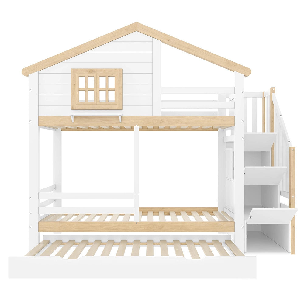 Letto a castello-Xylo-90x200cm, barriera, scala, finestra, bianco+naturale