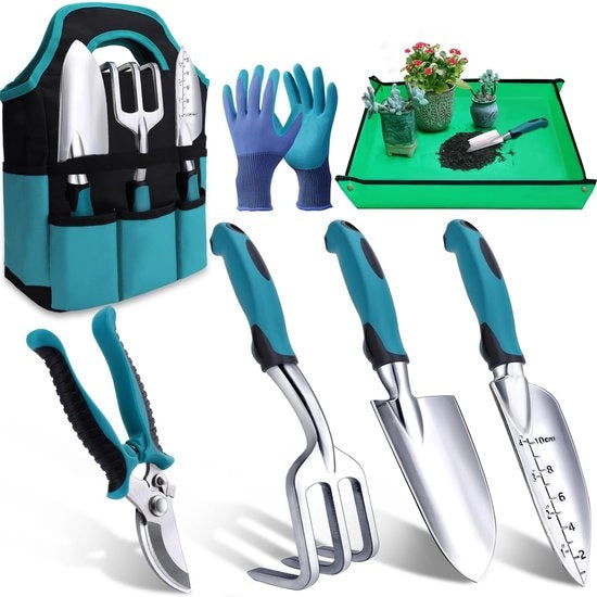 Set di attrezzi per giardinaggio, 7 pezzi, set di attrezzi per giardiniere con contenitore per attrezzi in acciaio inossidabile, manico antiscivolo ergonomico, ideale per regali per donne e uomini