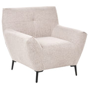 Poltrona in tessuto beige con braccioli, trapuntatura decorativa e gambe in metallo nero angolo lettura moderno per il soggiorno