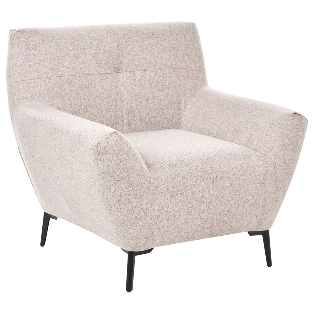 Poltrona in tessuto beige con braccioli, trapuntatura decorativa e gambe in metallo nero angolo lettura moderno per il soggiorno