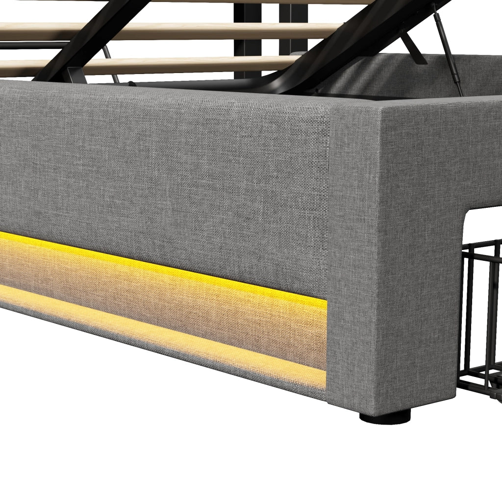 DESMIU Lit letto 140 × 200 cm 2 posti con USB, Type-C e LED, senza materasso, in lino, grigio