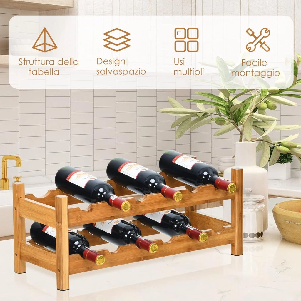 Scaffale per Vino con 2 Livelli di Bambù, Organizer Vini per 12 Bottiglie, Espositore Vini Salva Spazio, Catinetta Portabottiglie, 62 x 24 x 25 cm (Naturale)