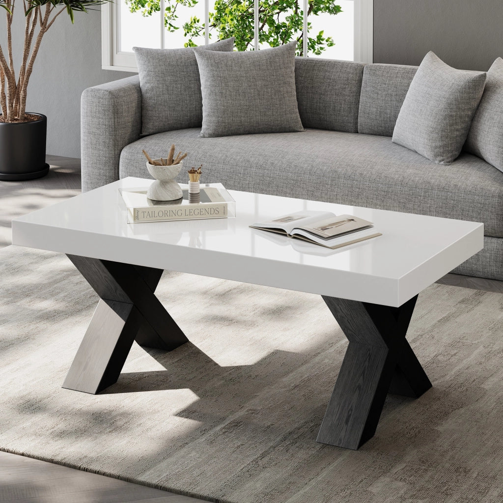 Tavolino lucido, gambe a X, MDF, 100 x 50 x 40 cm, bianco e nero