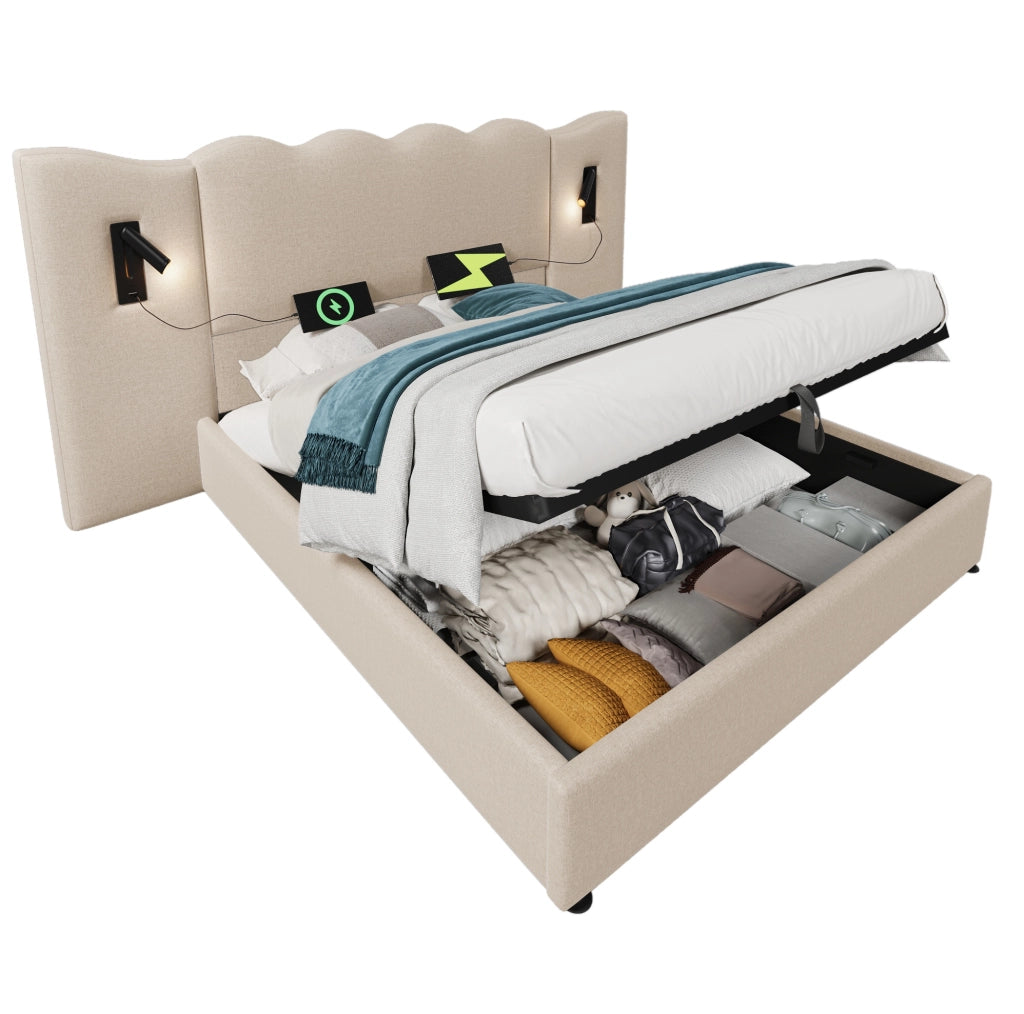 Letto matrimoniale 180x200 beige con LED orientabile, USB/Type-C e contenitore