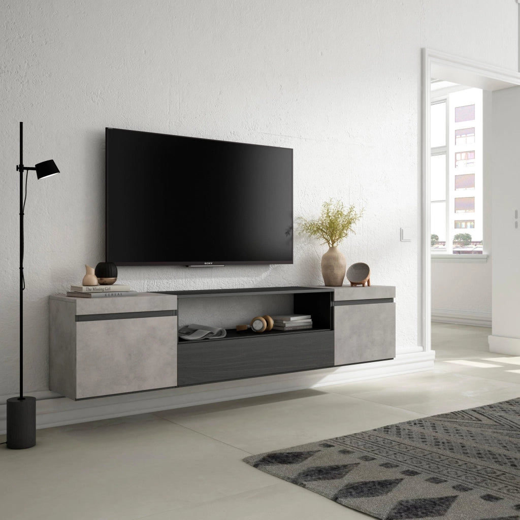 Mobile TV, 200x35x45cm, soggiorno, Per TV fino a 80", da appendere, grigio cemento RF2240