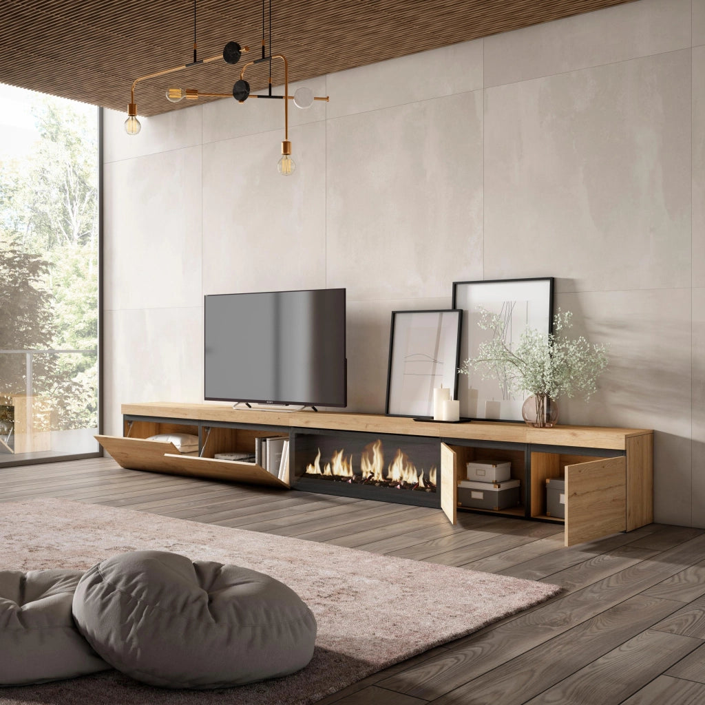 Mobile TV Soggiorno, 368x35x45, Camino elettrico XXL, colore Rovere RF3690