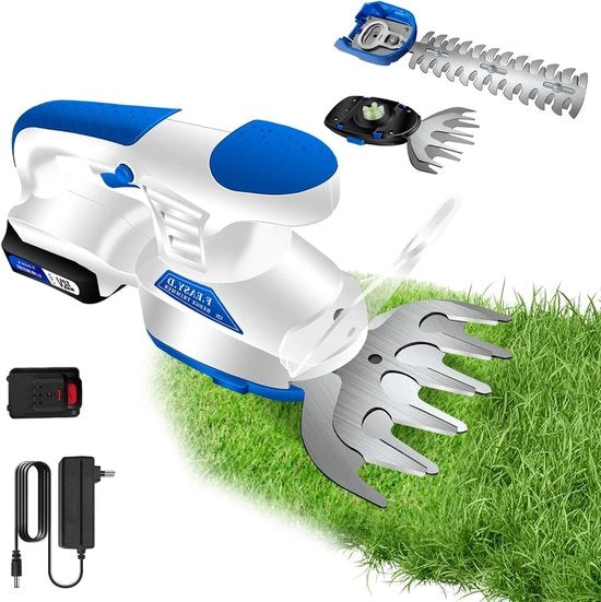 Serra elettrica per erba 12 V 2 in 1 con funzione di taglio e potatura 25000 giri/min incl. batteria e caricatore e 2 lame accessori per erba e siepe.