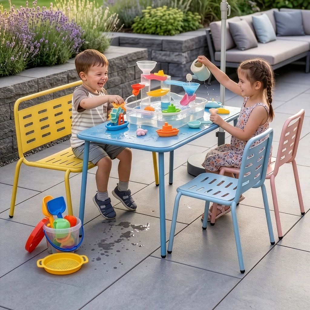 Set di 4 Mobili Etroubles per Bambini Tavolino Panca e 2 Sedie per Esterno e Interno - Giallo/Celeste/Pesca casa.pro