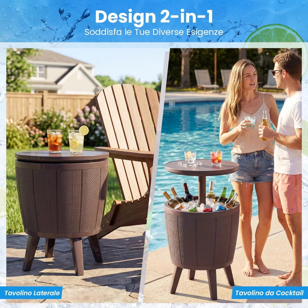 2 in 1 Tavolino Frigo 38L da Esterno, Secchiello Ghiaccio Regolabile in Altezza 49 x 59-84H cm, Tavolo Bar con Tappo di Drenaggio, per Piscina, Cortile e Campeggio (Marrone)