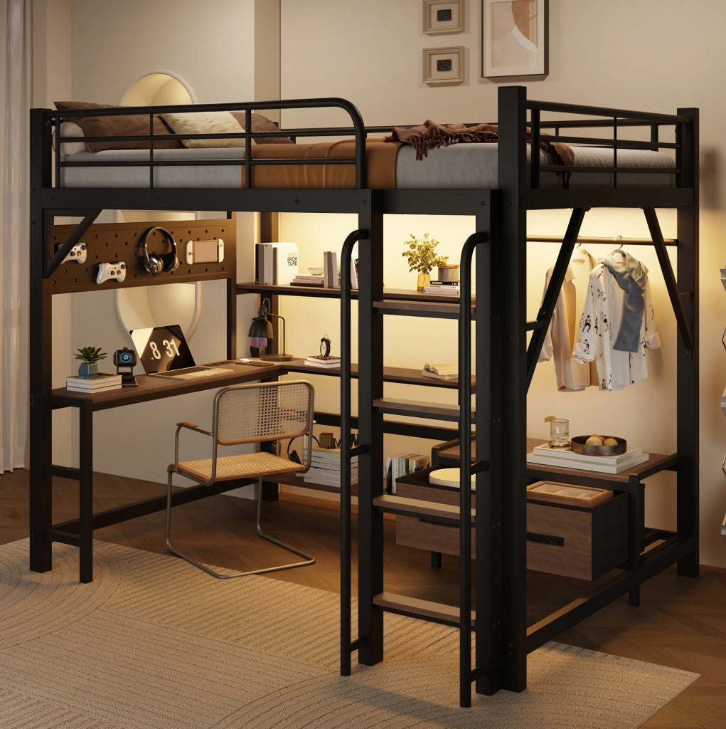 Letto a soppalco 140 x 200 cm con scrivania, LED e USB nero