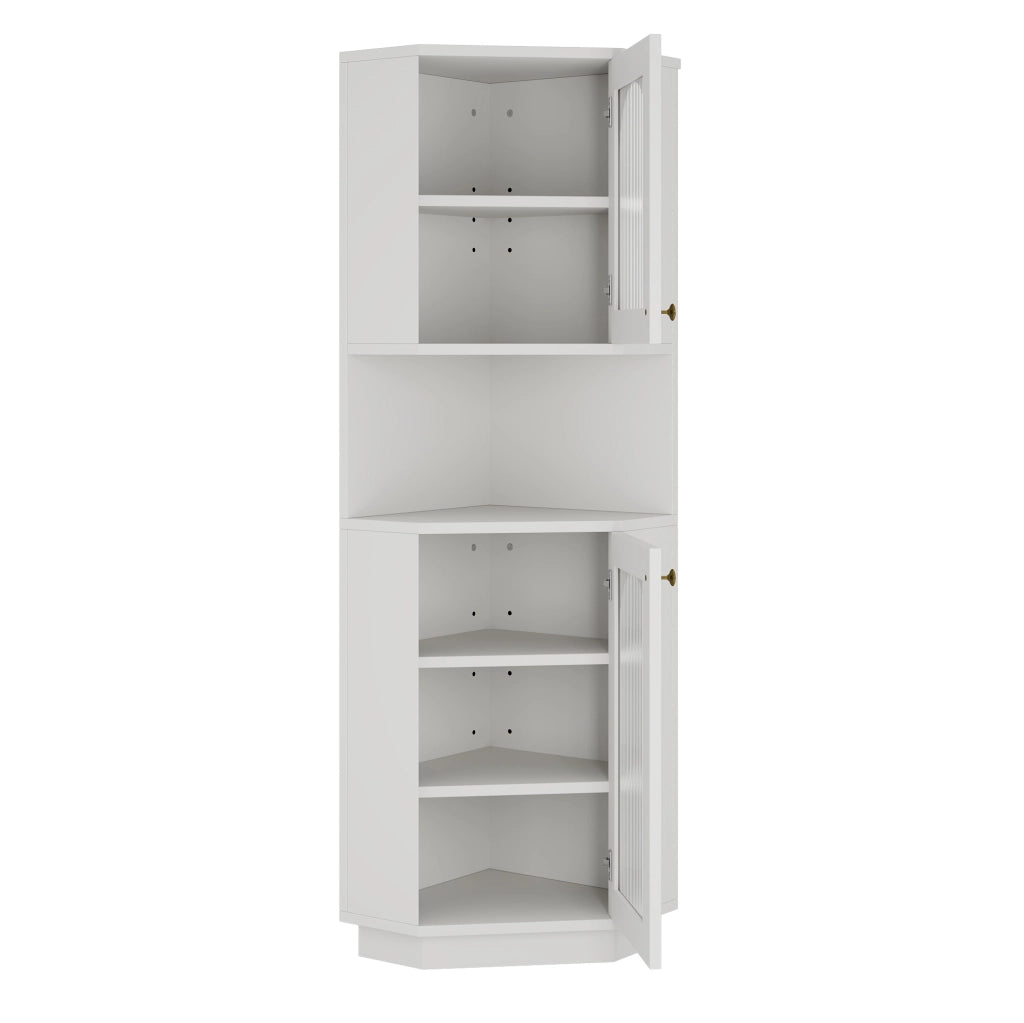 Mobile ad angolo per bagno bianco in MDF, con luce interna e ripiani