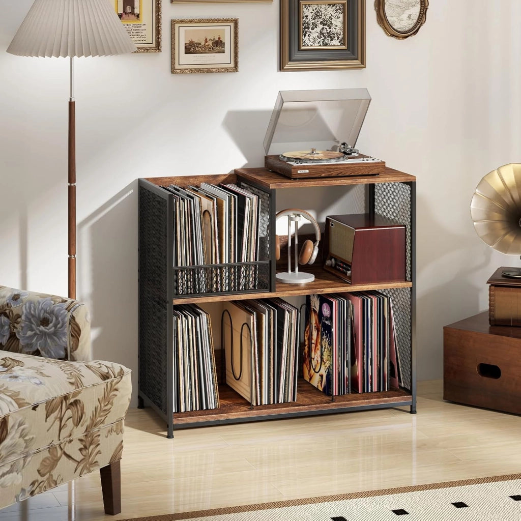 Supporto per Giradischi a 3 Ripiani, Fino a 300 Album, Porta Giradischi Vinili con 3 Separatori Rimovibili e Struttura in Metallo, Mensola di Archiviazione, 83x36x76,5 cm (Marrone)