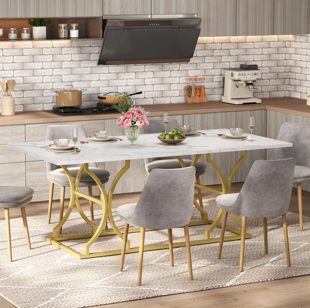 Tavolo da pranzo effetto marmo 200x80 cm bianco e oro