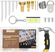 Set di accessori per l'appendi quadri da 488 pezzi composto da piccone, livella magnetica, ganci di appoggio, chiodo, D-ring con viti e filo, materiale di appendi quadri e set di decorazioni per parete per la decorazione di casa.