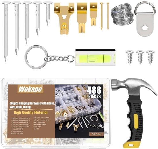 Set di accessori per l'appendi quadri da 488 pezzi composto da piccone, livella magnetica, ganci di appoggio, chiodo, D-ring con viti e filo, materiale di appendi quadri e set di decorazioni per parete per la decorazione di casa.