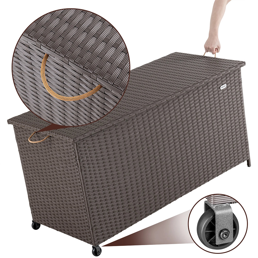 Baule Portaoggetti da Giardino Cassapanca Polyrattan Impermeabile 2 Ruote Marrone
