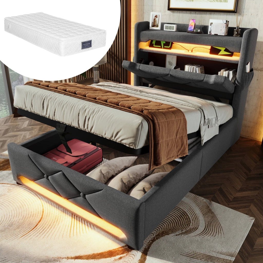 Letto singolo 90x200 con LED, USB e materasso incluso