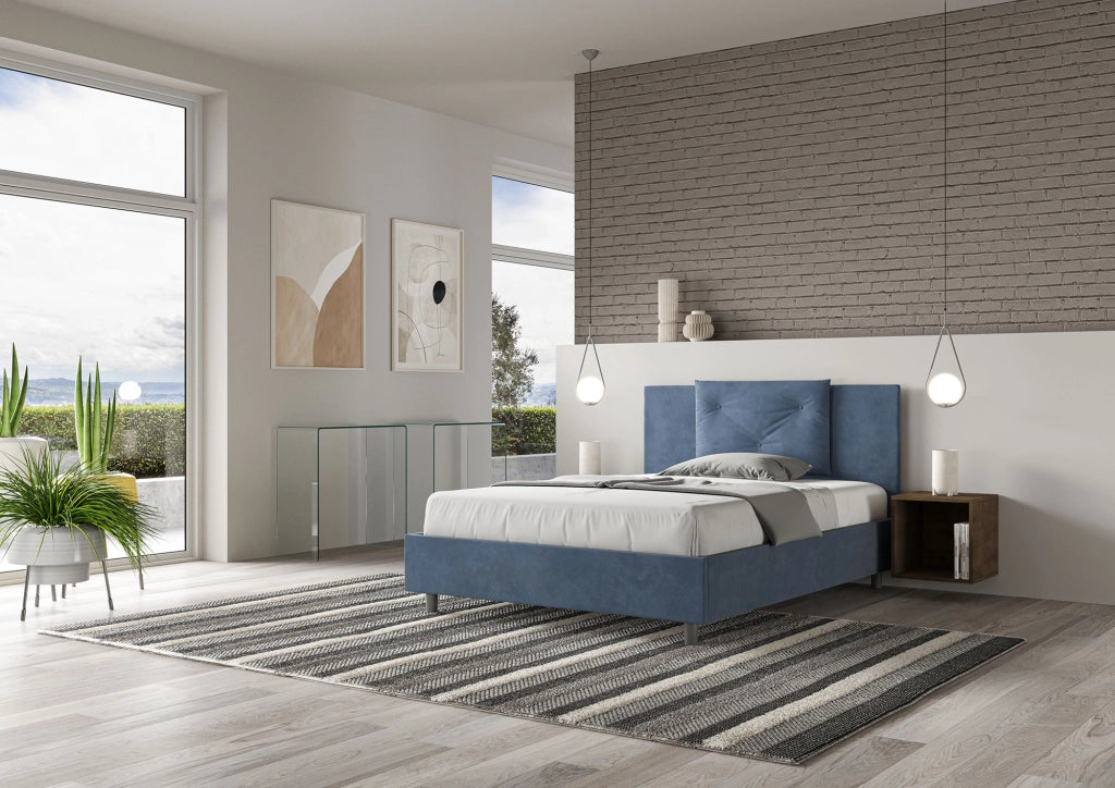 BS COM Letto queen size con rete imbottito 150x190 microfibra blu