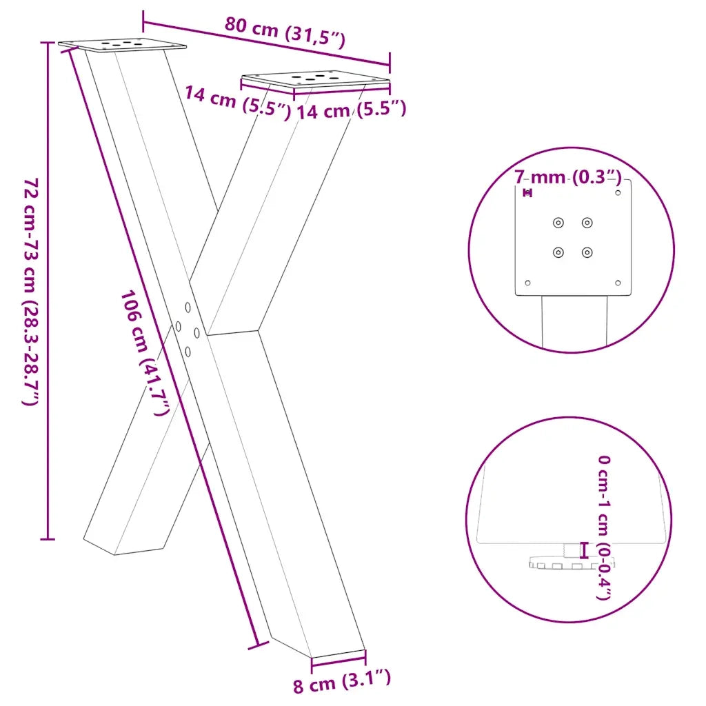 Gambe per tavolo da pranzo a forma di X 3 pz nere 80x(72-73) cm in acciaio 4012992