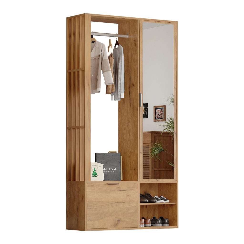 Mobile Ingresso con Specchio Guardaroba in Legno Naturale 100 cm