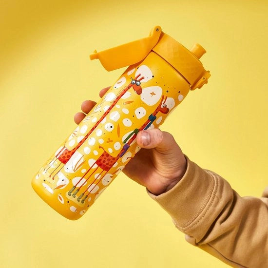 Bottiglia da 600 ml in acciaio inossidabile, impermeabile, facile da aprire, chiusura di sicurezza, lavastoviglie, maniglia, duraturo, acciaio inossidabile, motivo 3D giraffe.