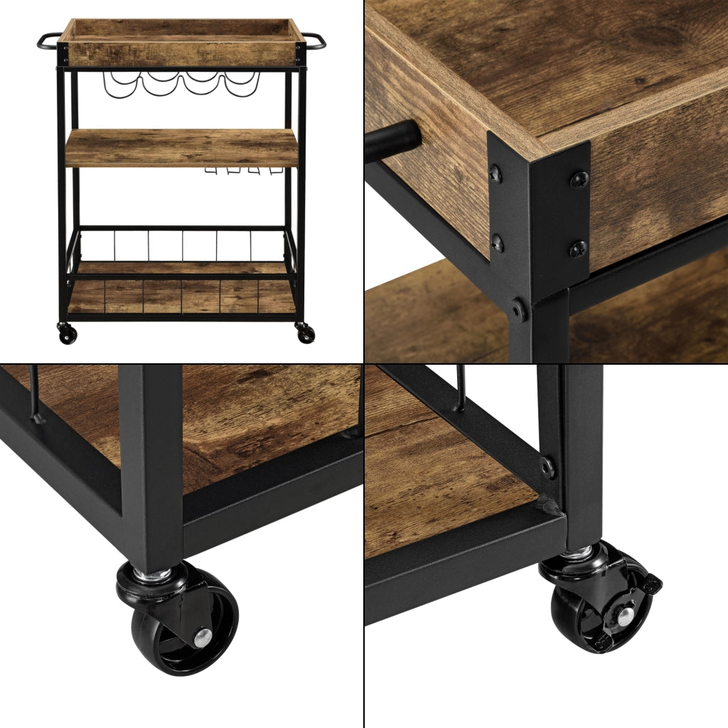 Carrello di Servizio con Vassoio Rimovibile e Ripiani in Color Legno Scuro Scaffale/Portavivande da Cucina/Mense con 4