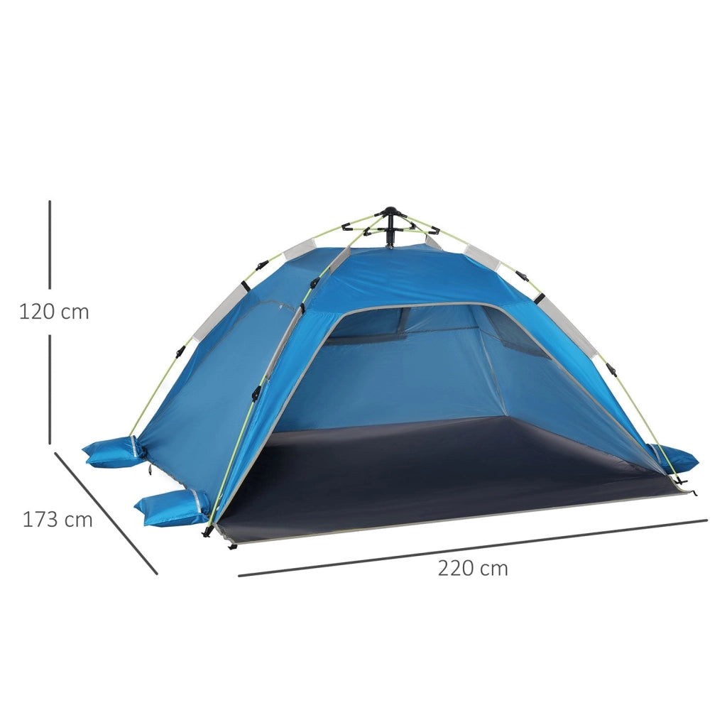 Tenda da Spiaggia Pop Up 220x173x120 cm con Porta a Cerniera in Poliestere e Fibra di Vetro Blu Cielo e Grigio
