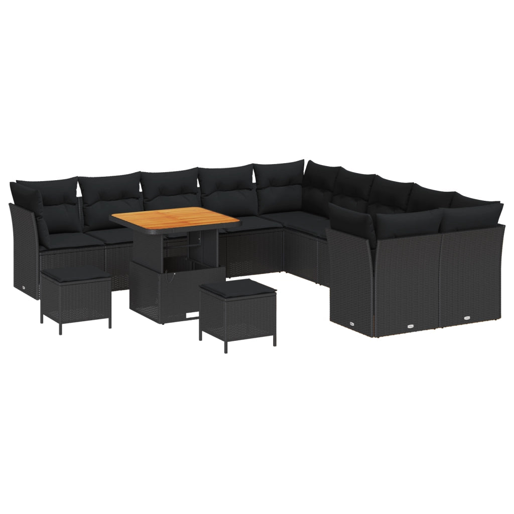 Set Divano da Giardino 13 Pezzi con Cuscini Nero Polyrattan Acacia