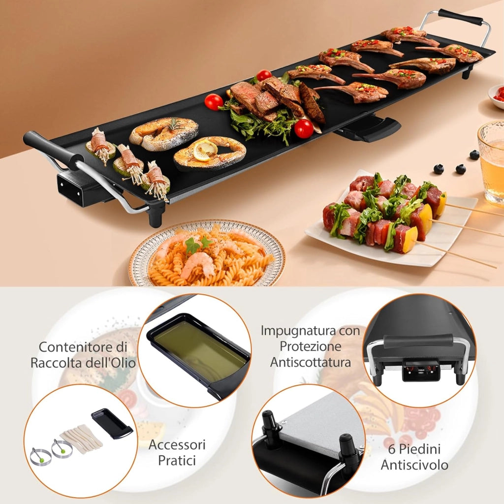 Piastra Elettrica 1800W, Barbecue Elettrico 5 Livelli di Temperatura, con Rivestimento Antiaderente, 6 Piccolo Supporto per Padella, per Cucinare, Grigliare (Piastra Liscia 90 X 23 CM)
