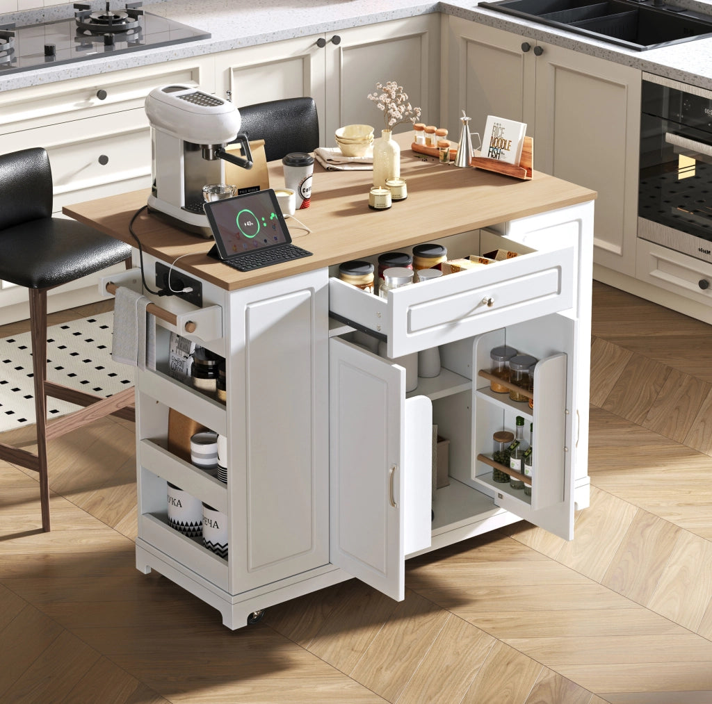 Isola cucina 131.8x40-70x93.3 cm con piano ribaltabile e prese; MDF; bianco naturale