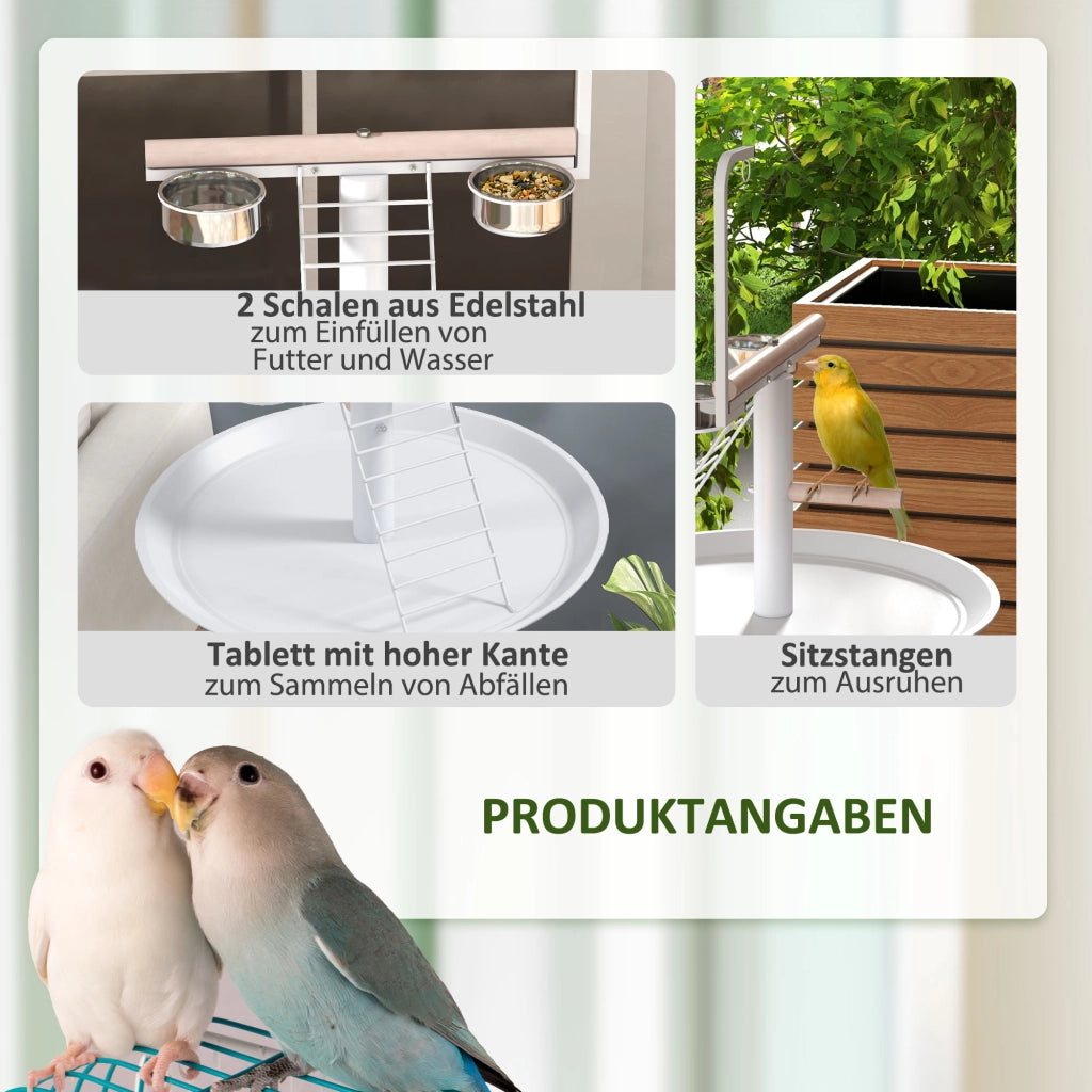 Posatoio per Pappagalli con Altalena e Ciotole ¨C Minimal ¨C Bianco + Naturale 60x60x138 cm