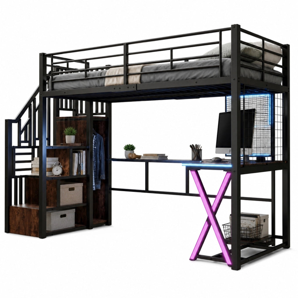 Letto a soppalco 90x200 cm con LED, scrivania, armadio e mensole, senza materasso, nero