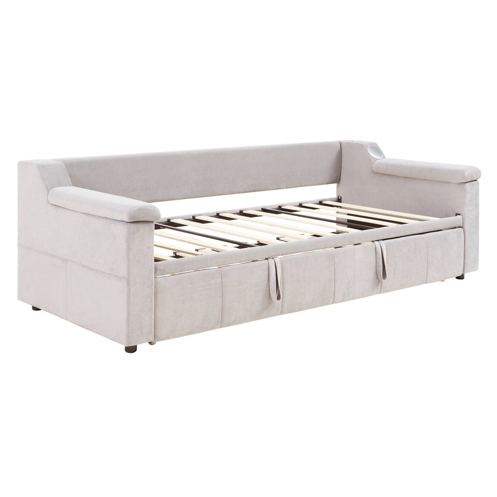 Letto imbottito multifunzione con letto estraibile 90/180x190, velluto beige, Bluetooth, USB e vani