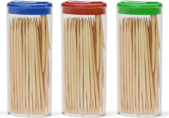 Set di spilli in legno di dente premium per igiene dentale e hobby - 3 x 80 pezzi in scatola portatile.