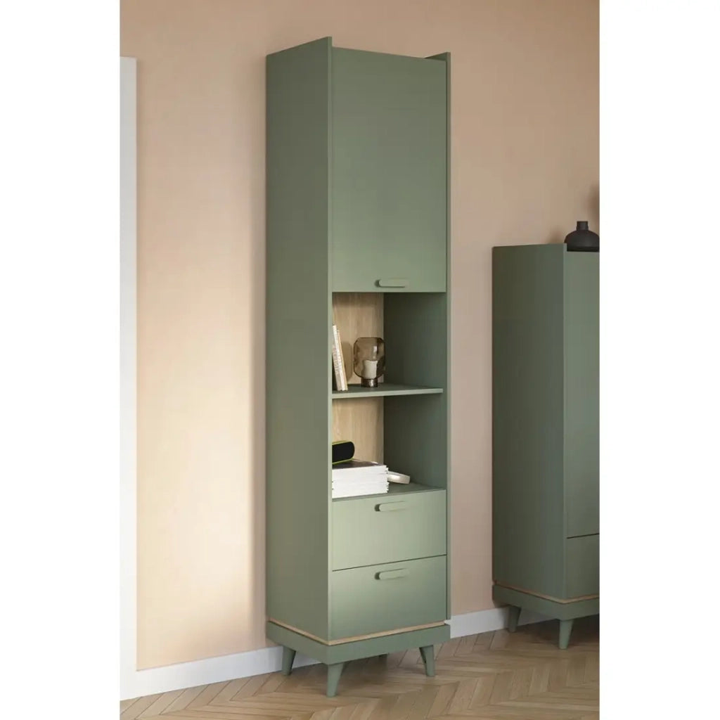 Biblioteca NOKI – Verde e legno – 1 porta + 2 cassetti stile scandinavo