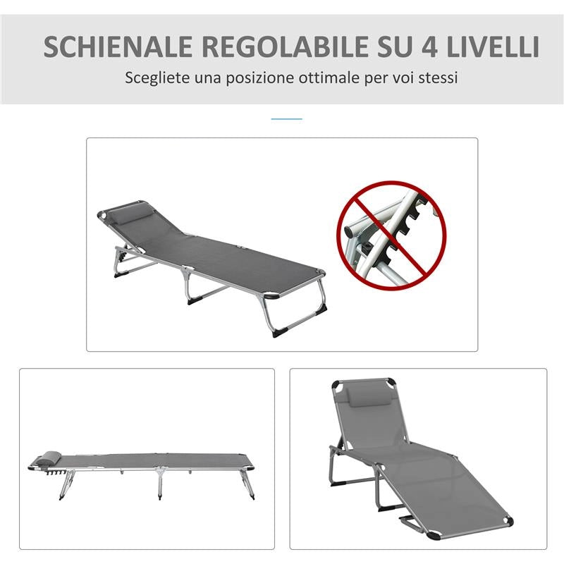 SDRAIO PIEGHEVOLE CON POGGIATESTA E SCHIENALE REGOLABILE IN ALLUMINIO 60X165X76CM GRIGIO