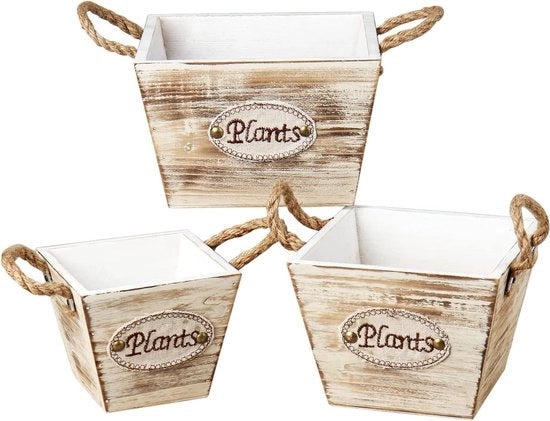 Set di scatole in legno antico, look shabby, forma trapezoidale, vas per piante, vaso per fiori, vasi per piante per la coltivazione o decorazione di fiori e giardino, 3 pezzi.