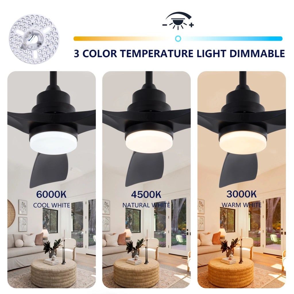 Ventilatore da soffitto nero con luce 107 cm 3 pale telecomando motore dc silenzioso reversibile memoria stile fattoria 220v